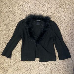 Vintage Y2K 90s Bebe feather trimmed black cardigan sweater cropped 3/4 sleeves